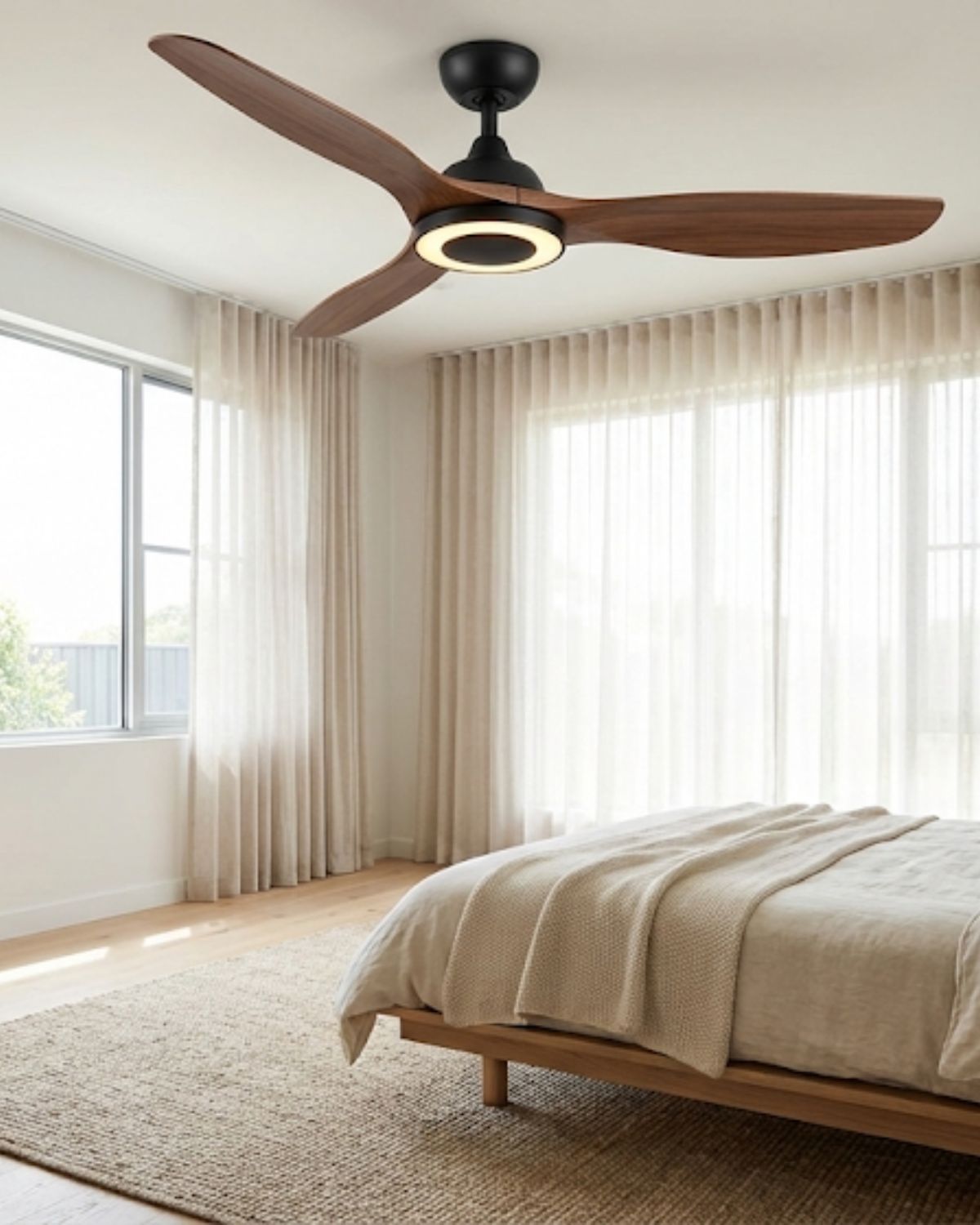 Professional ceiling fan installation completed in modern Central Coast bedroom