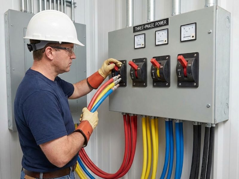 Licensed commercial electrician installing three-phase power system in Central Coast business