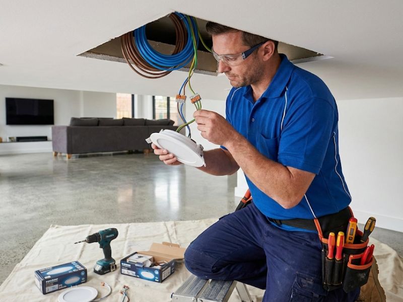 Electrician installing LED downlights in modern Central Coast home ceiling