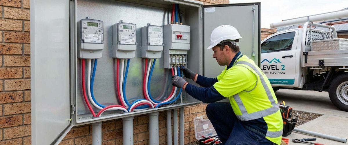 Three-phase meter box installation Central Coast Level 2 electrician