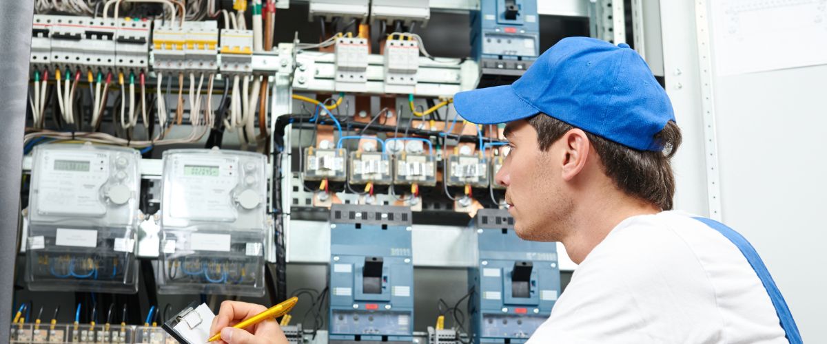 Professional electrician working residential property installation