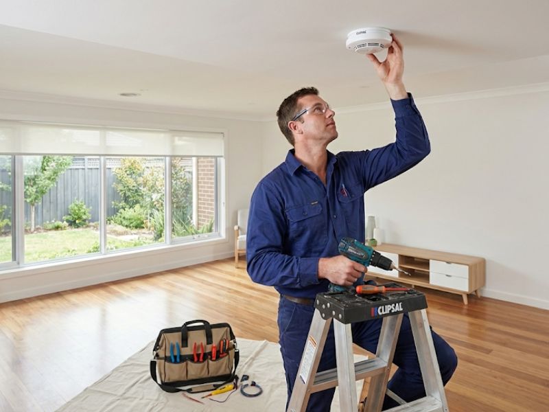Electrician installing hardwired photoelectric smoke alarm Central Coast ceiling