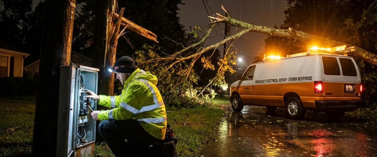 Emergency electrician repairing storm damage electrical Central Coast