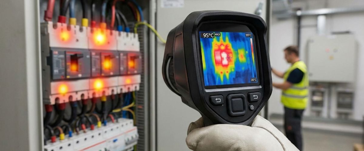 Thermal imaging camera detecting electrical hot spots fault finding